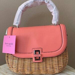 Kate Spade Coral and Tan Wicker Shoulder Bag
